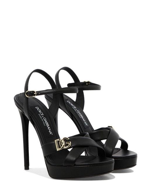 Dolce & Gabbana Black Logo Plaque Ankle Strap Sandals