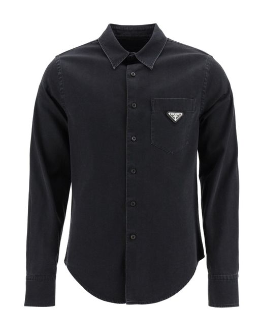 Prada Logo Pocket Denim Shirt in Black for Men Lyst