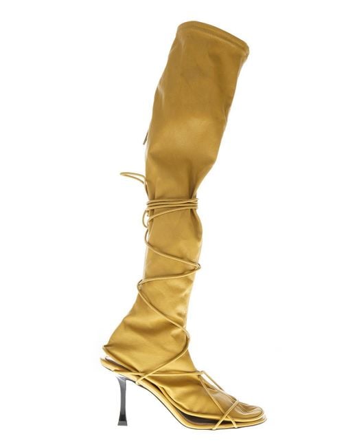 Céline Yellow Knee High Laced Sock Boots