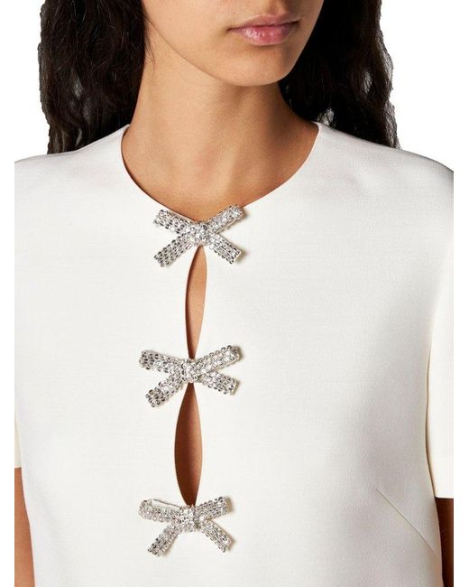 Valentino White Crepe Couture Bow Detailed Short-sleeved Dress