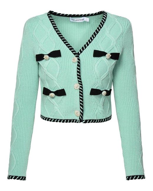 Self-Portrait Green Bow Detailed Buttoned Cardigan