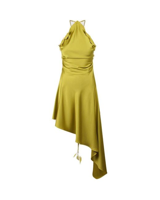 The Attico Yellow Ruched Satin Midi Dress