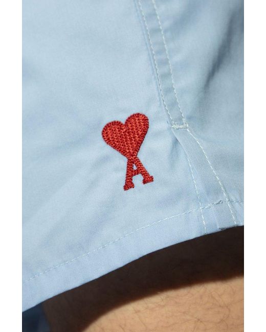 AMI Blue Paris De Coeur Logo Embroidered Swim Shorts for men