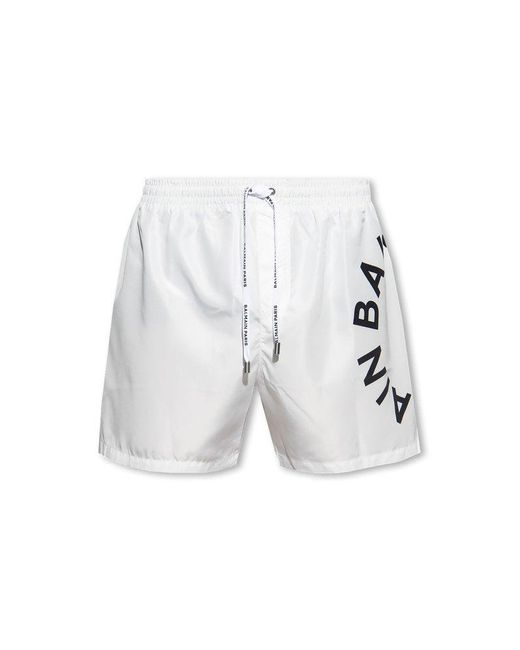 Balmain White Logo Print Drawstring Swim Shorts for men