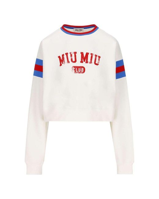 Miu Miu White Logo Printed Cropped Sweatshirt