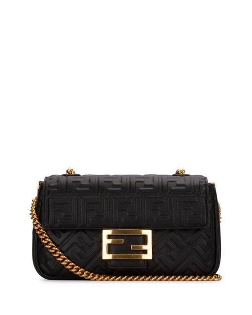 Fendi Black Baguette Bag In Nappa Leather With Embossed Ff Monogram
