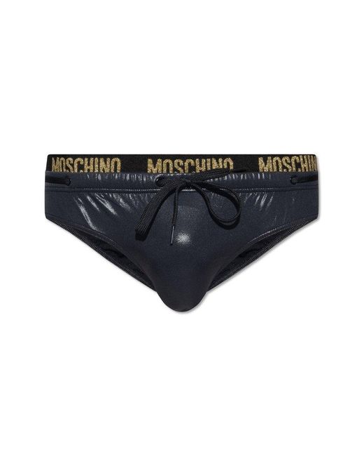 Moschino Black Glittered Logo Glossy Swim Briefs for men
