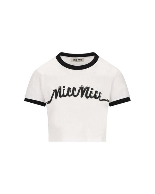 Miu Miu White Logo-printed Cropped T-shirt