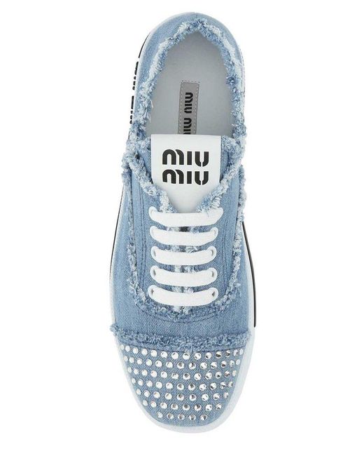 Chanel blue denim with faux pearls lace-up shoes