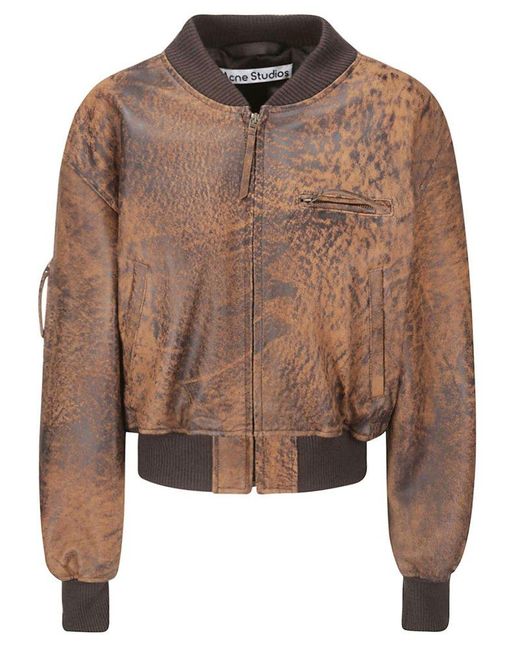 Acne Brown Abstract Printed Cropped Bomber Jacket