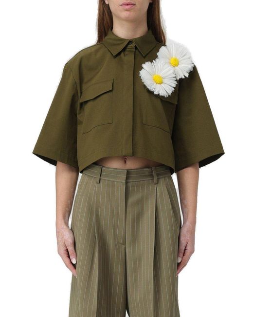 MSGM Green Floral Patch Cropped Shirt