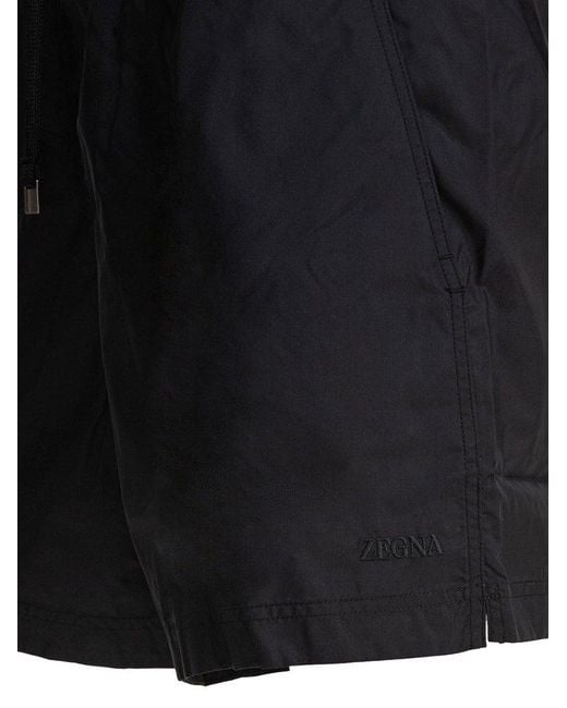 Zegna Black Logo-Embroidered Drawstring Swim Shorts for men