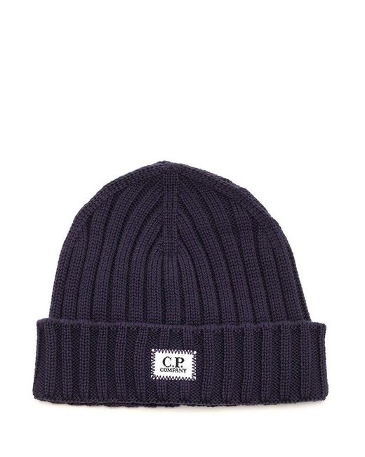 C P Company Blue Logo Patch Ribbed Beanie for men