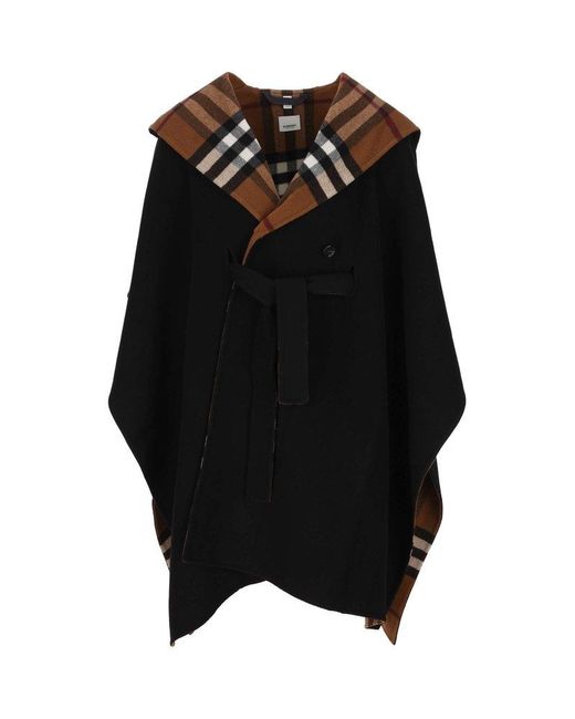 Burberry Reversible Checked Hooded Cape in Black | Lyst