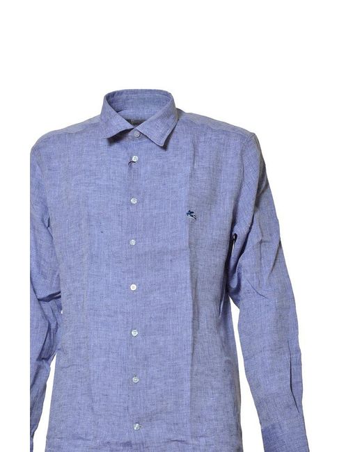 Etro Blue Logo Embroidered Buttoned Shirt for men