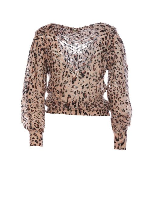 Twin Set Brown Leopard-printed Open-knit Ruffled Jumper