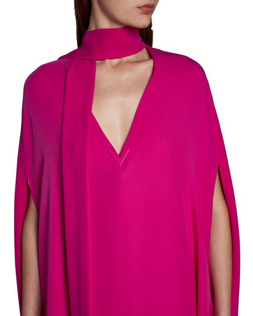 Valentino Pink Logo Plaque V-neck Dress