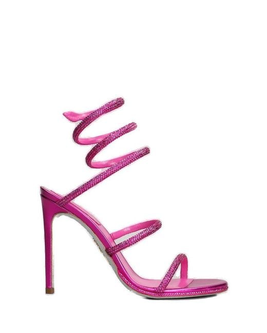 Rene Caovilla Pink René Caovilla Embellished Spiral Strap Heeled Sandals