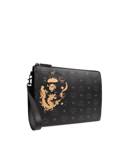 MCM Black X Bape Dragon Detailed Monogram Printed Clutch Bag for men