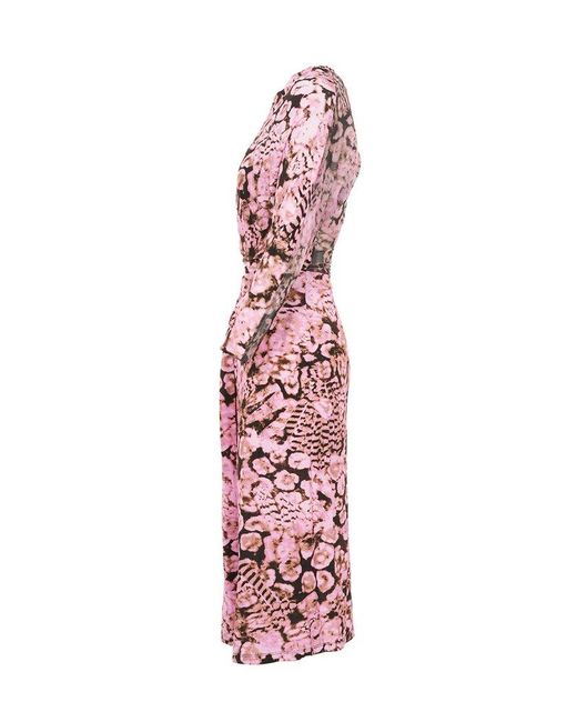 Pinko Pink Floral-printed Long-sleeved Gathered Midi Dress