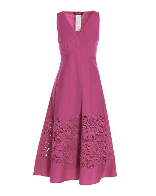 Max Mara Studio Pink V-neck Embroidered Sleeveless Dress