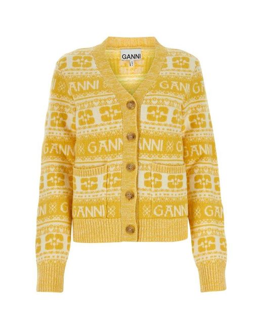 Ganni Yellow V-neck Button-up Knitted Cardigan