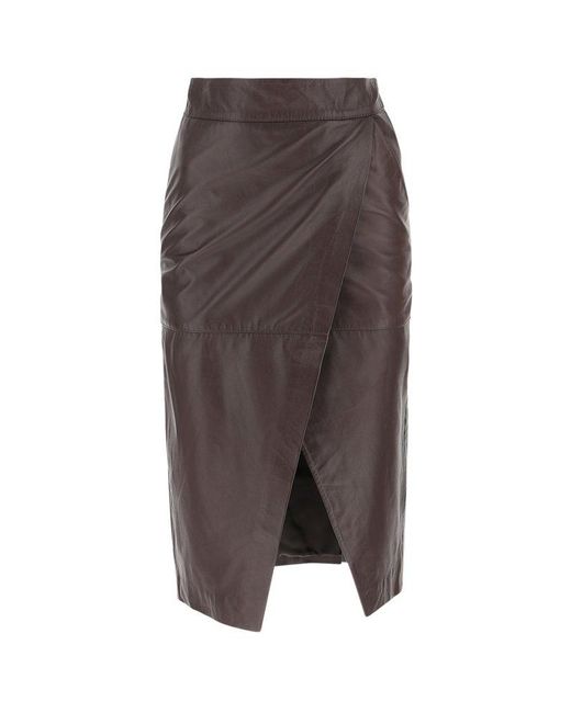 L'Autre Chose Brown Ruched Leather Skirt