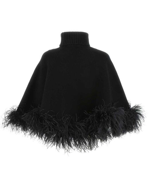 Valentino Black Feather-trim Long-sleeved Cape