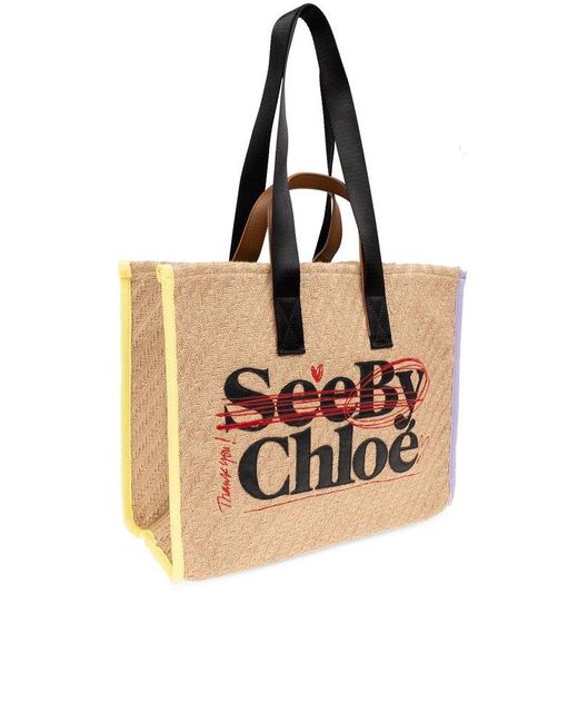 See By Chloé Natural Logo Patch Straw Tote Bag