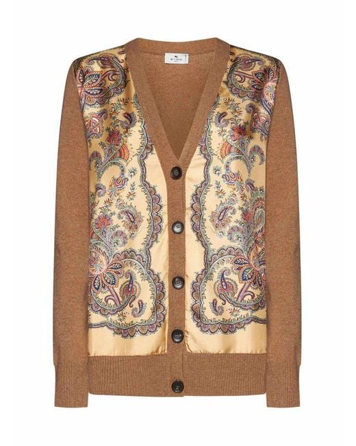 Etro Brown Paisley Printed Panelled V-neck Cardigan
