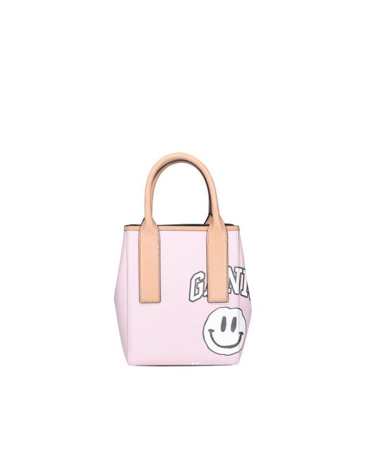 Ganni Pink Smiley Face Print Small Tote Bag
