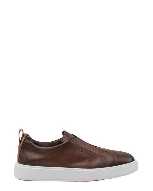 Santoni Brown Logo Embossed Round Toe Sneakers