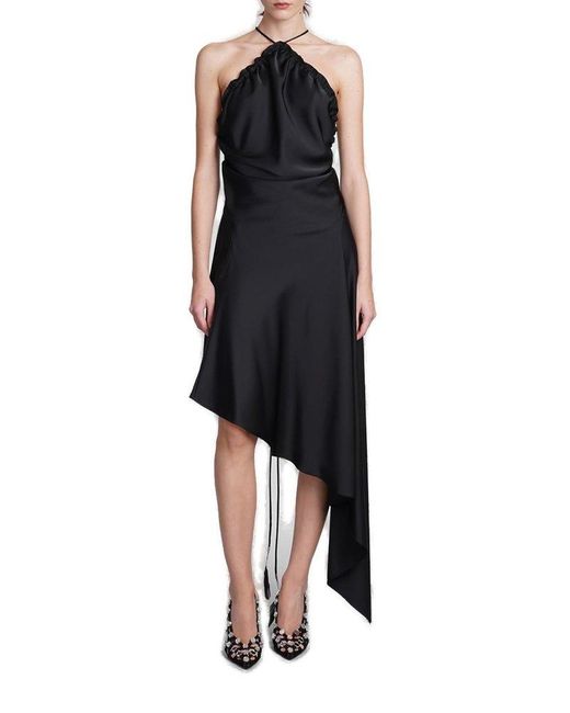 The Attico Black Asymmetric Sleeveless Satin Midi Dress