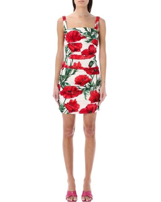 Dolce & Gabbana Red Charmeuse Mini Dress With Poppy Print