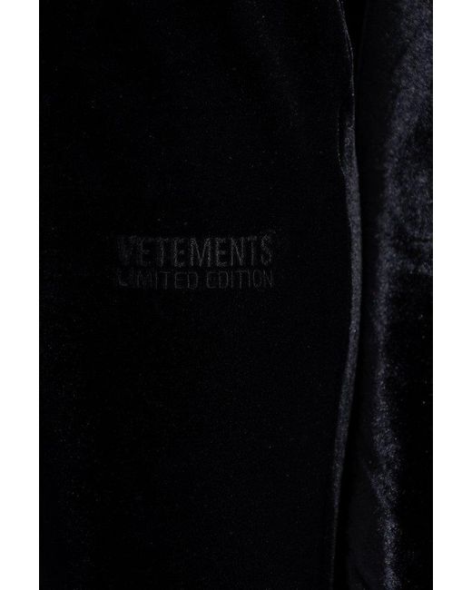 Vetements Black Velvet Trousers With Logo,