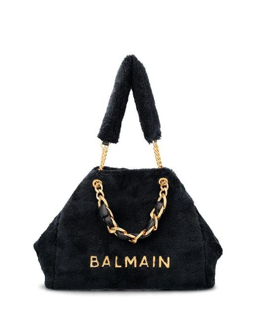 Balmain Black Logo Plaque Fluffy Tote Bag