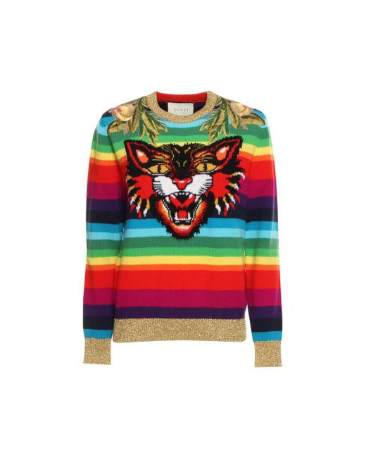 Gucci Tiger Embroidered Striped Jumper | Lyst