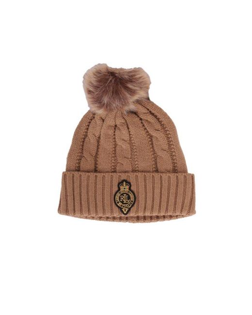 Ralph Lauren Brown Logo Patch Cable Knit Beanie