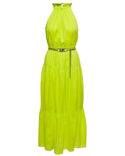Michael Kors Green Neon Halter Neck Maxi Dress With Chain Bel