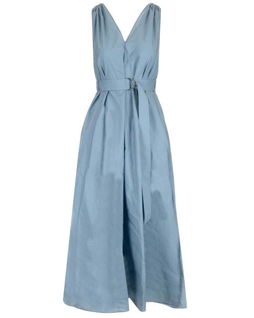 Brunello Cucinelli Blue Belted Poplin Midi Dress