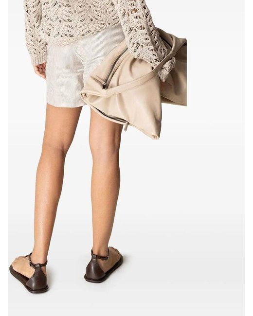 Brunello Cucinelli Natural Striped Cotton And Linen Twill Formal Bermuda Shorts With Monili