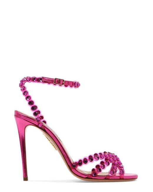 Aquazzura Leather Tequila Crystal Embellished Heeled Sandals in Pink ...