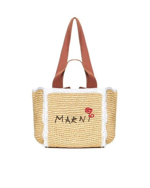 Marni Metallic Logo Embroidered Woven Top Handle Bag