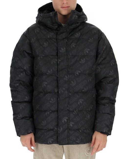 Adidas Originals Black Allover Logo Printed Puffer Jacket for men