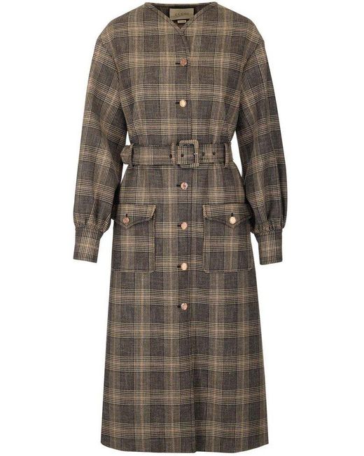 Gucci Wool Prince Of Wales Belted Coat in Grey | Lyst UK