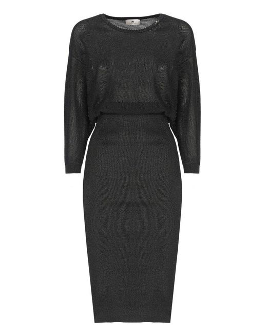 Elisabetta Franchi Black Viscose Midi Dress With Perforated Detailing