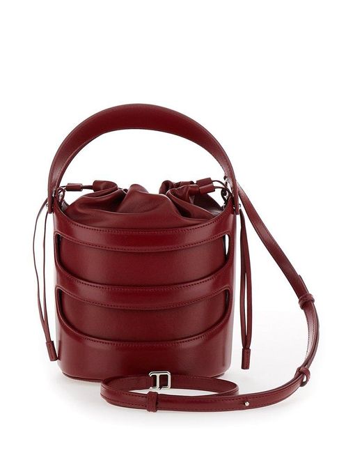 Alexander McQueen Red 'The Rise' Bordeaux Bucket Bag With Harness Cage In