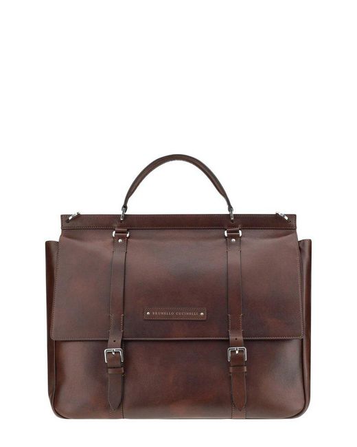 Brunello Cucinelli Brown Logo Patch Foldover-Top Travel Bag for men