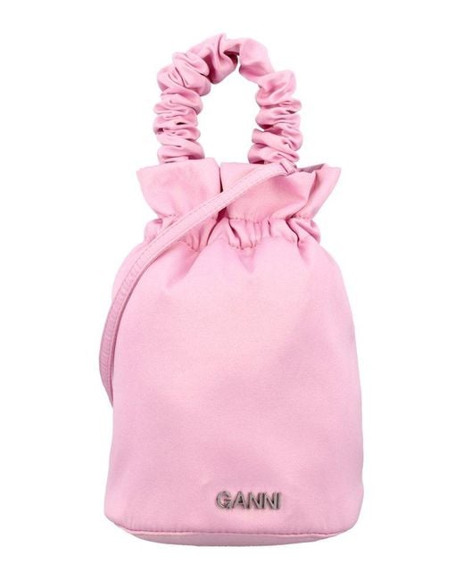 Ganni Pink Logo Lettering Strapped Mini Bucket Bag