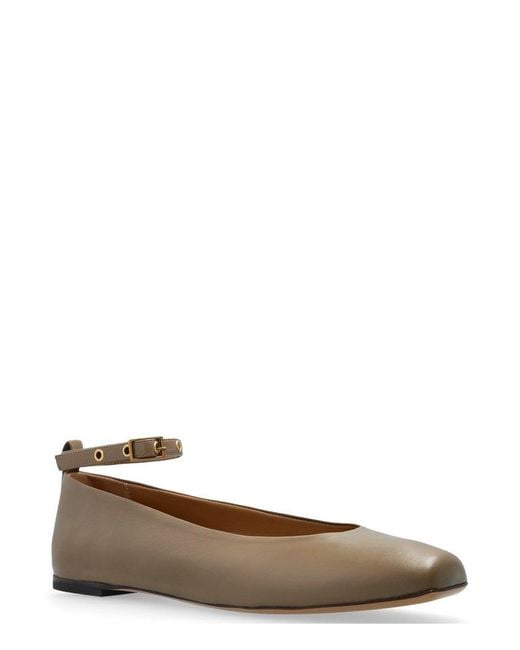 Emporio Armani Brown Square Toe Buckle Detailed Ballet Flats